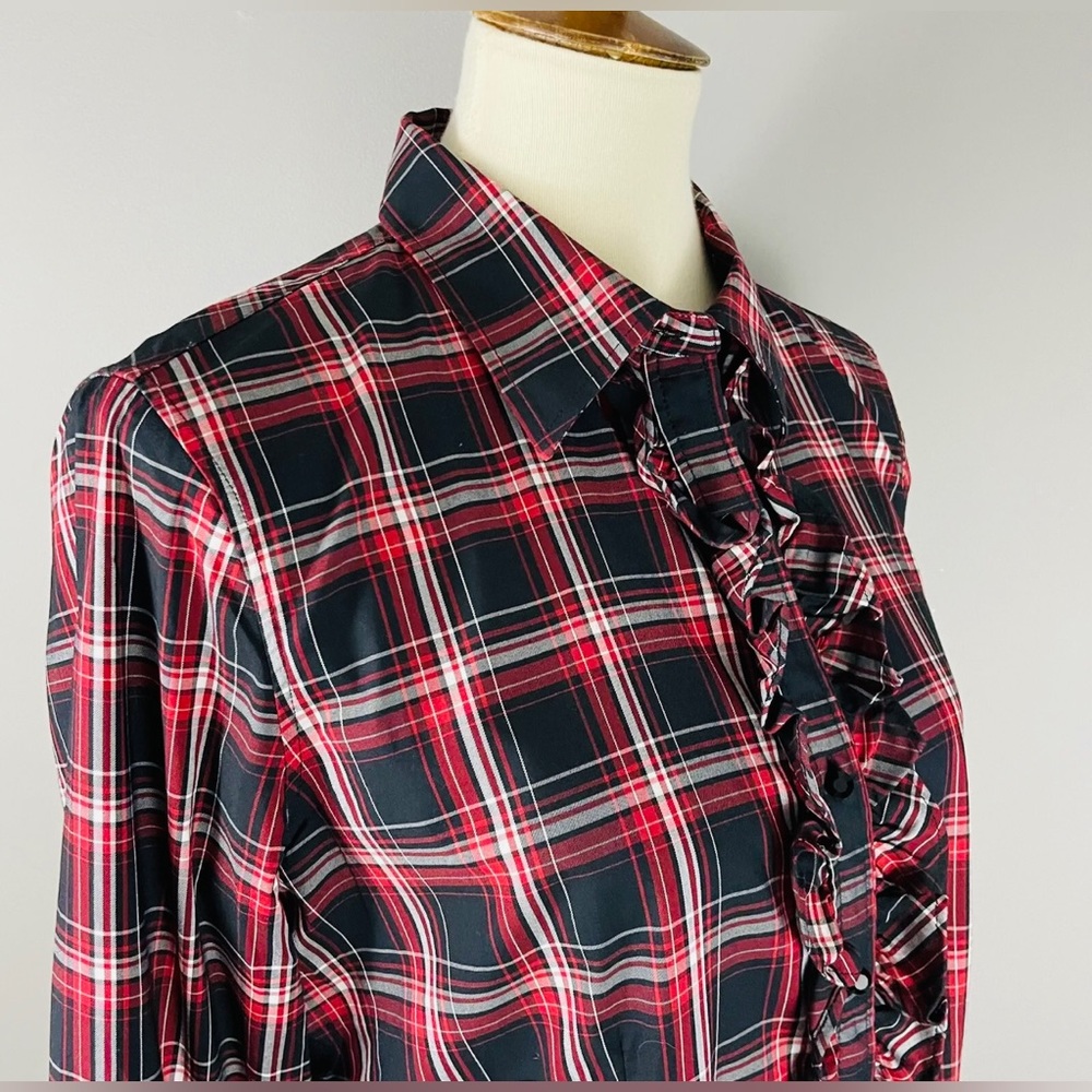 Talbots Ruffled, Plaid Button Down Blouse Size 14 - image 7